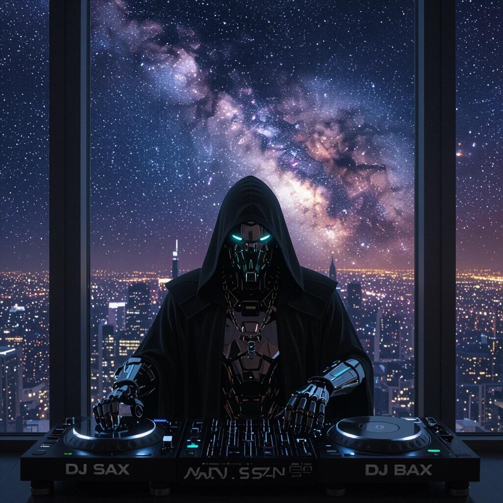 Cyborg wizard DJ mixing music at night. Nebula sky visible through large penthouse window. Close view of the DJ with turntables. City lights sparkle in the background. Fans of DJ culture will appreciate this futuristic setting.