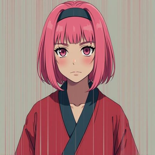 Reimagining a character from anime as a hyper-realistic woman. Draw the character with unique features and a vintage style. Include glitch effects for a retro look.