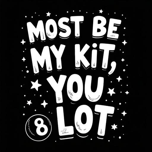 Graphic design features playful retro white lettering on black background. Phrase 'Most Be My Kit, You Lot' is prominently displayed. Small stars and decorative elements for whimsy. An eight-ball graphic replaces 'B' in 'BE.' Conveying message of opportunity and challenges.