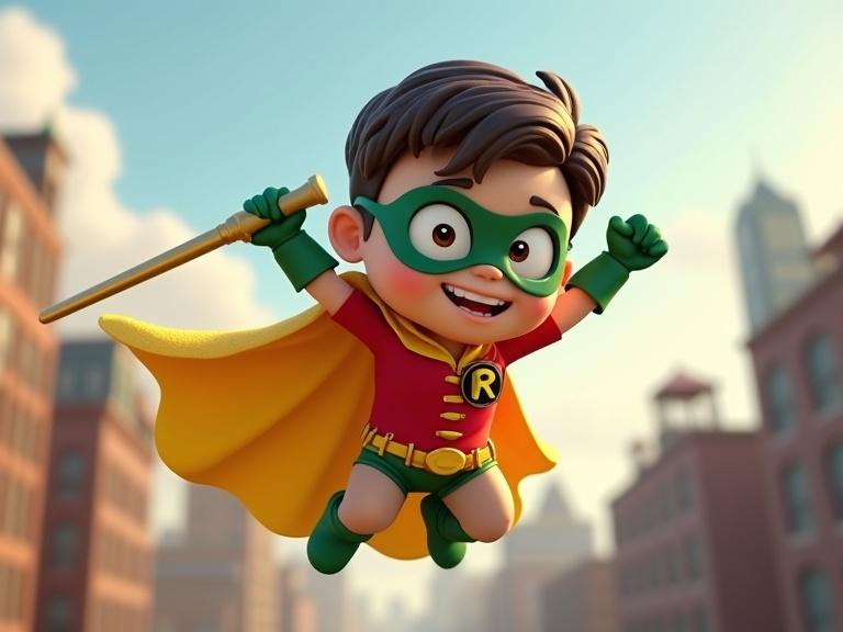 Young energetic character in a superhero costume with green mask. Dressed in a red and yellow outfit. Jumping mid-air holding a bo staff. City rooftops in the background. Created in a 3D cartoon style.