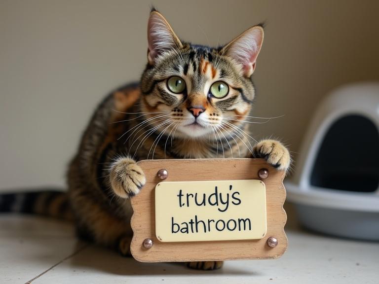 A mottled tortoiseshell cat with green eyes and a white tipped tail and paws is holding a decorative sign that says 'trudy's bathroom'. A litterbox is visible in the background.