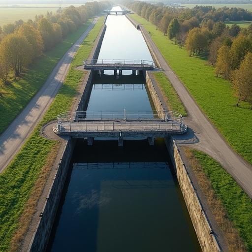 Realistic aerial view of a lock complex in the Netherlands. Complex includes three locks. One lock features a bridge.