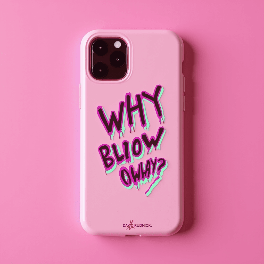 The image features a smartphone with a vibrant pink case against a matching pink background. The phone case is decorated with bold, stylized text reading "WHY BLIOW OWAY?" The letters are designed in a dripping, graffiti-like style with a color palette of black, teal, and pink, creating a striking contrast. Below the text is an artist's signature or branding that reads "DAVID RUDNICK." The overall aesthetic has a playful and retro pop art feel.