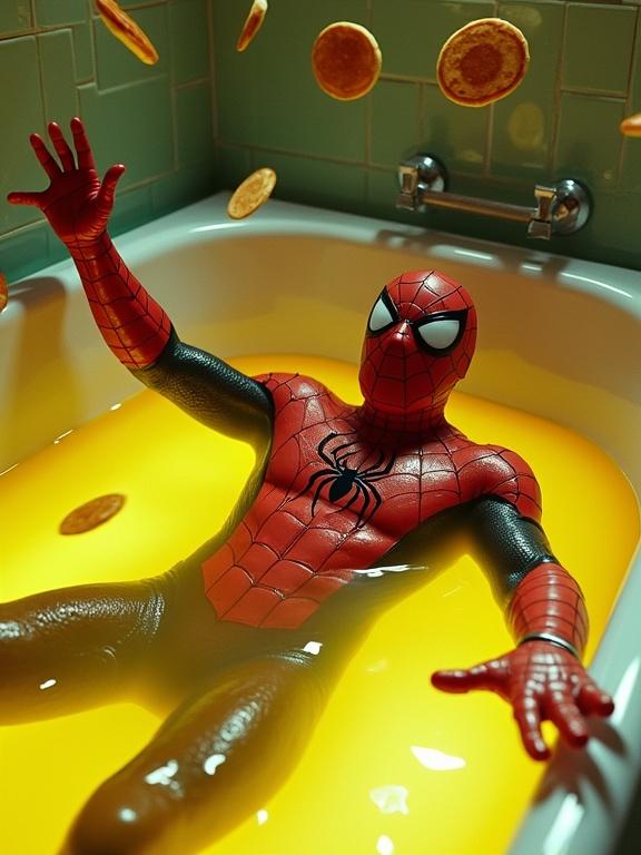 Spider-Man in a pancake suit floats in a bathtub. Bathtub filled with glowing golden-green maple syrup. Spider-Man reaches out dramatically. Face shows despair and exaggerated emotion. Flying pancakes hover around him. Scene has vibrant colors and surreal atmosphere.