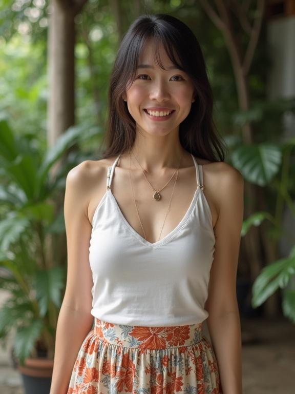 Woman stands wearing a white tank top and floral skirt. She accessorizes with a delicate necklace. Background features lush greenery. The setting looks bright and inviting. Appearance conveys a casual yet charming vibe.