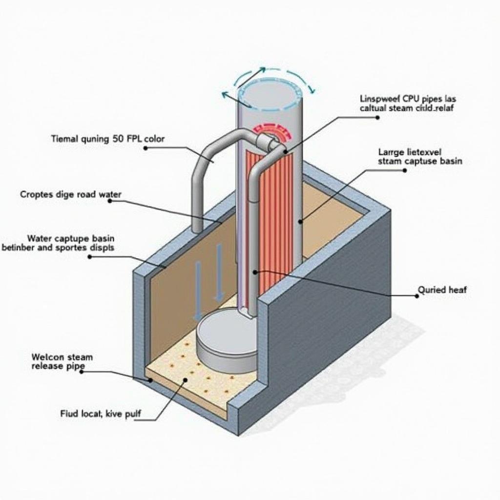 Detailed schematic diagram illustrating a sand battery design. Central steam release pipe plays a crucial role. Below lies a water capture basin for recycling water. Insulated walls and roof maintain temperature. Large heat pipes positioned for effective heat distribution. Layout emphasizes sustainable engineering practices.