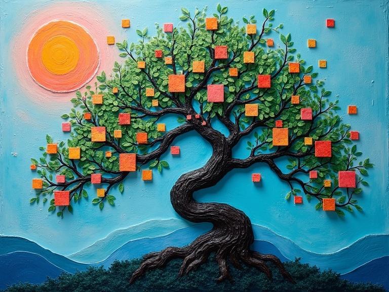 A twisted bonsai tree made of thick paint. The tree has 3D squares for leaves and flowers. A sunset of squares is in the background. Bright colors like blue, green, black, with touches of orange and pink. Created with sponge dabbing and dry brushing. Abstract and surreal concept art.