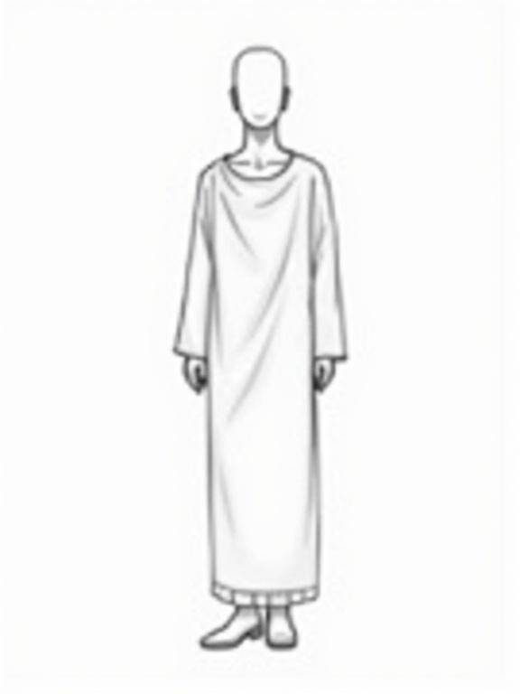 Fashion sketch of a mannequin. Mannequin is front-facing. Black and white outlines only. No shading or colors. Realistic human proportions. Blank face. Outfit reflects Beheeg's transformation to traditional Egyptian man. Galabeya is featured. Dark-colored headscarf (عقال) included. Traditional shoes (بُسط) illustrated.