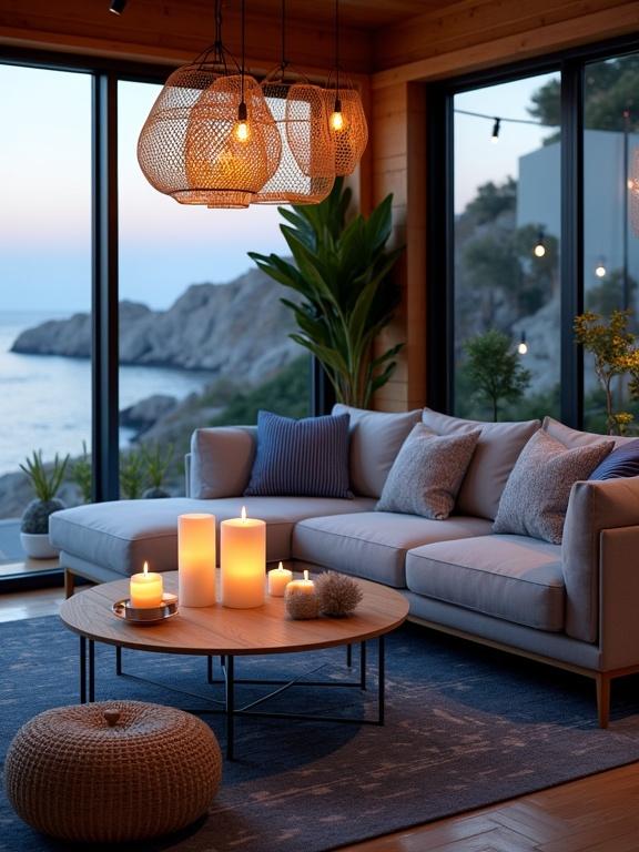 Cozy indoor setting with stunning ocean view at dusk. Modern sectional sofa with light gray upholstery and decorative pillows. Round wooden coffee table with lit candles and decorative item. Woven pouf serves as footrest. Area rug in blue and beige geometric pattern warms the wooden floor. Woven pendant lights suspended from ceiling. Potted plants enhance the atmosphere. Large floor-to-ceiling windows offer panoramic ocean and rocky coastline view. Twinkling village lights in evening sky create serene ambiance.