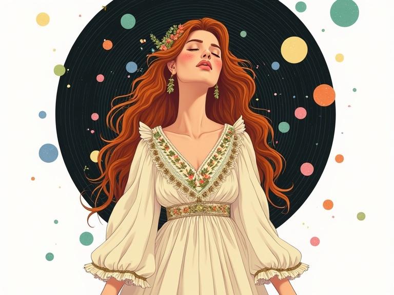 Digital art illustration featuring a woman in a flowing cream-colored peasant blouse. Intricate beaded details and ruffled sleeves are present. The woman has long wavy auburn hair. Her hair is adorned with delicate wildflowers. There is a large black circular background with concentric wave patterns. Above her are floating pastel orbs in blue, pink, orange, and turquoise. The woman's eyes are closed. She has a contemplative pose. Hands rest gracefully at her sides. The dress has layered ruffles. The overall composition is dreamy and ethereal with a white background.
