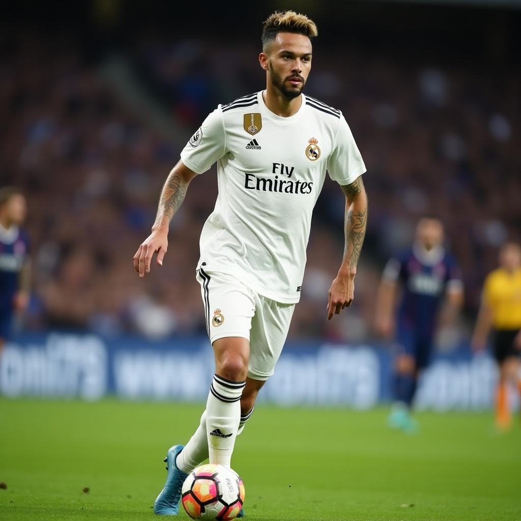 Football player in action wearing Real Madrid uniform on the field. The player is dribbling the ball during a match. Bright game atmosphere with fans in the background.