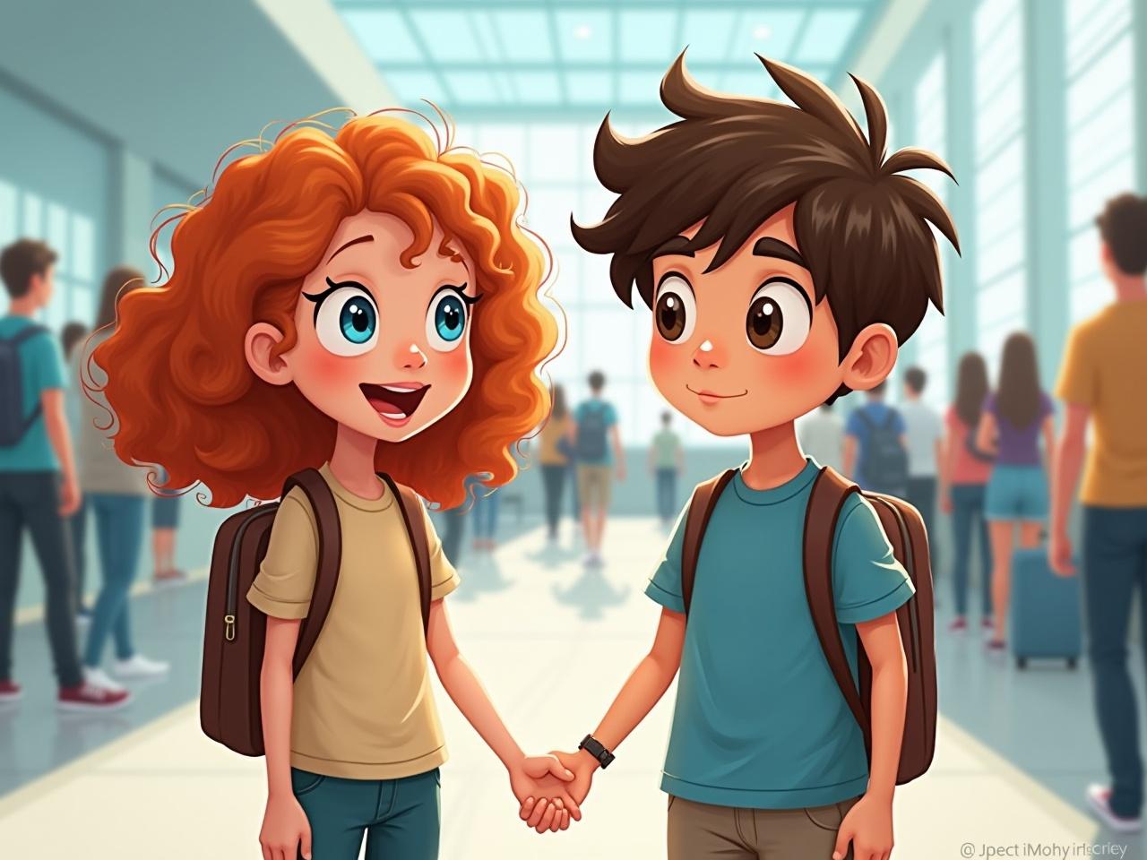 This illustration depicts two joyful children, a girl with curly red hair and a boy with short brown hair, holding hands in a school setting. Their expressions convey excitement and happiness, symbolizing a budding friendship. The setting shows the typical school crowd in a hallway with bright, natural lighting creating a warm ambience.