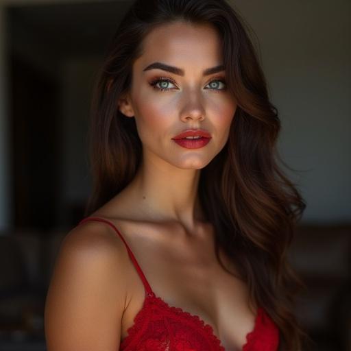 A beautiful woman with long hair, youthful appearance, wearing a stunning red outfit, soft expression, and in warm lighting.