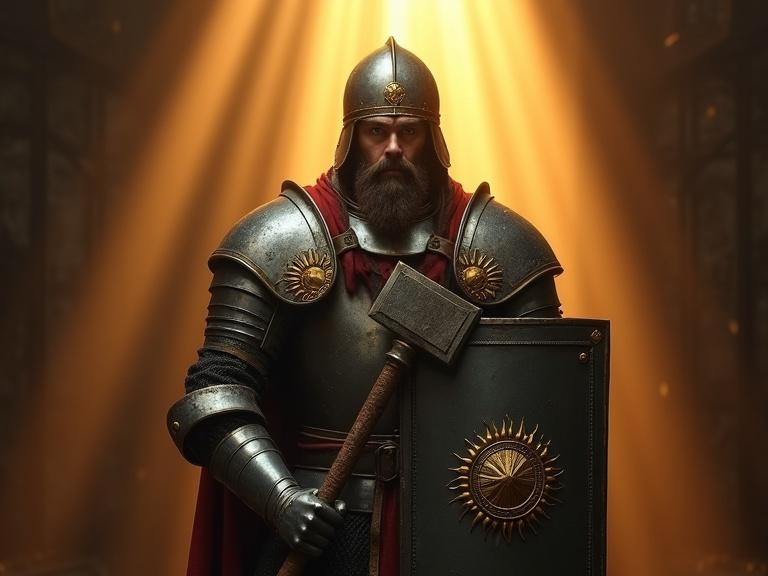Chiaroscuro portrait of a medieval cleric in full plate armor. Helm decorated with ornate sun emblem. Piercing gaze on a distinguished bearded face. Crouching in defensive stance. Large rectangular steel shield held vertically with ornate golden sun design. Gripping a large-headed war hammer in right hand. Rays of sunlight illuminating the scene from above.