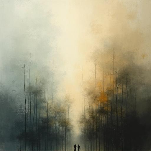 Abstract representation of a landscape with a hazy background. Ragged transitions between colors. Asymmetrical composition. Two figures silhouette in the foreground. No other elements present.