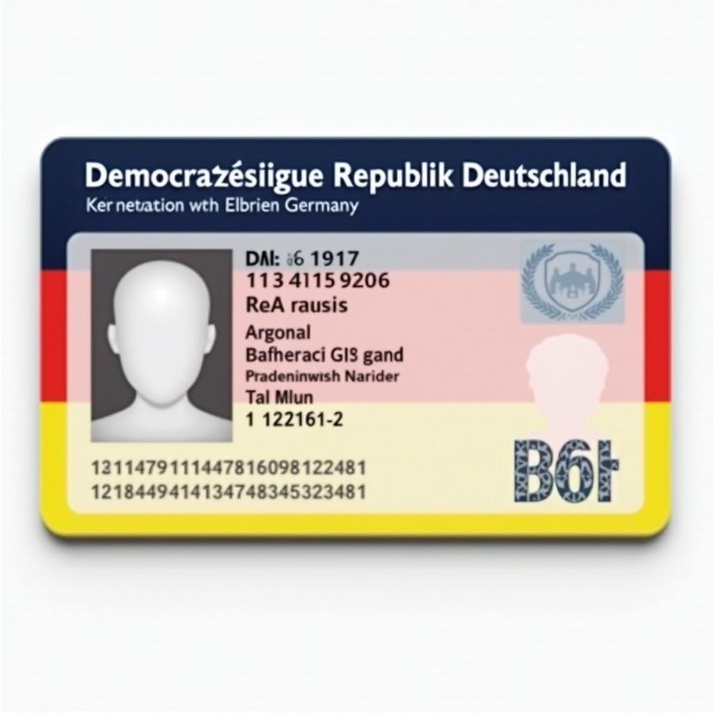 Realistic representation of an ID card of Demokratische Republik Deutschland featuring blue and yellow colors reflecting the German flag. Contains fields for personal information, photo space, and a unique identification number. Sleek, modern layout designed to mimic official German ID cards, suitable for discussions on identity verification and governmental materials.