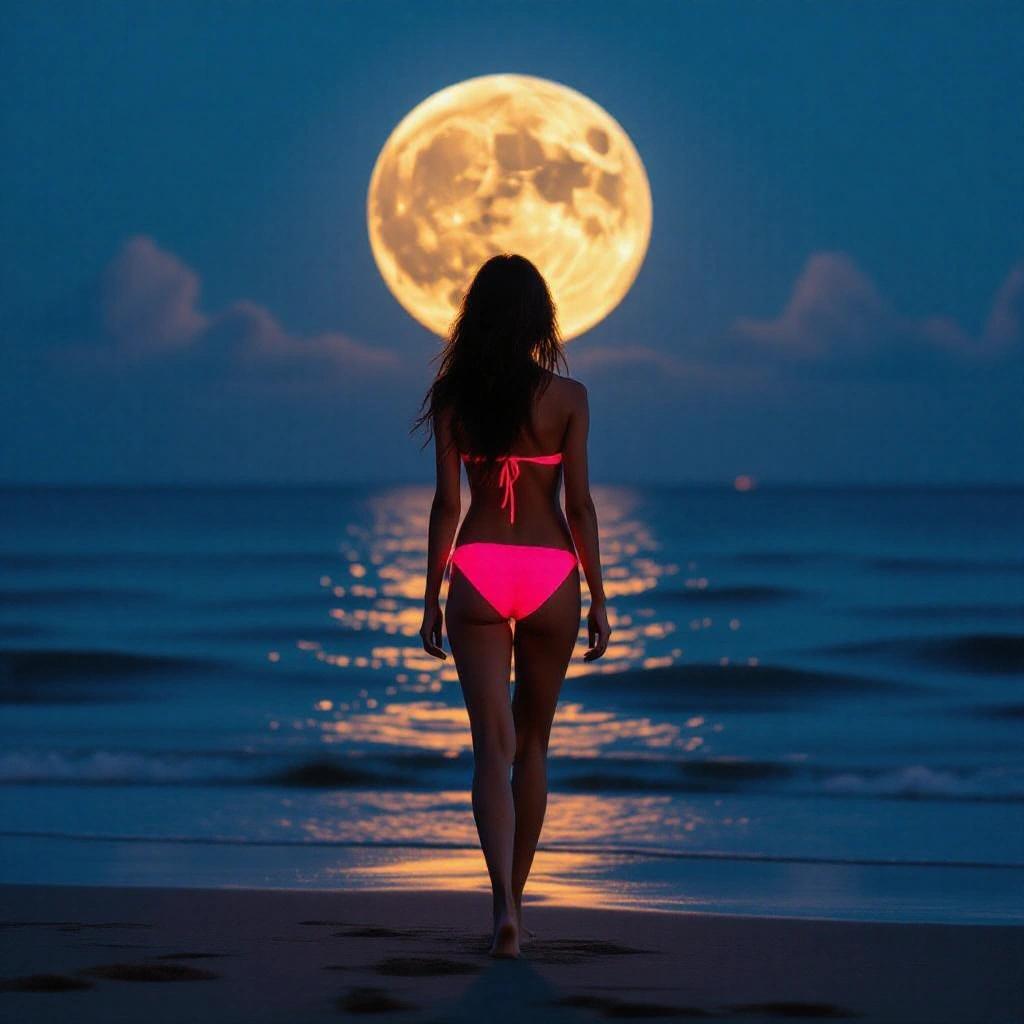 Beautiful young woman taking a midnight stroll on the beach wearing a neon pink bikini under the moon