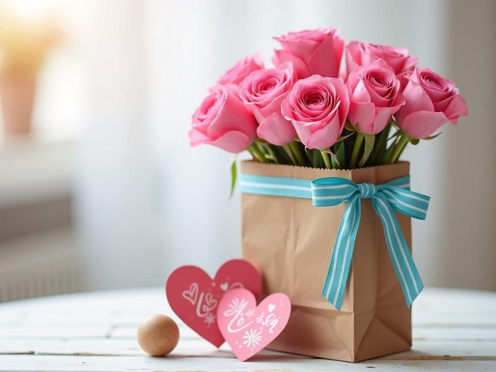 Create an image of a lovely gift bag filled with beautiful pink flowers. The bag should be made from brown craft paper and have a cute blue striped ribbon tied around it. Next to the bag, place two paper hearts with a decorative design on them. Include a wooden ball to add a natural element to the scene. The background should be softly blurred, emphasizing the gift bag and flowers. Use a light, romantic atmosphere to evoke feelings of love and warmth.