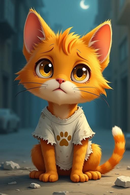 Detailed character design for a sad yellow ginger kitten. Faded orange tabby with dirty fur. Big golden eyes filled with tears. Mouth open as if meowing in pain. Ripped white t-shirt stained and torn. Sitting on cold concrete. Tail wrapped around legs.