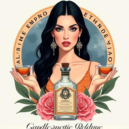Digital illustration of a woman in her mid-thirties holding two small amber glasses. She has long dark hair and fair skin. She wears ornate earrings with prominent facial features. Background features a circular watercolor design in blue and orange. A lower apothecary bottle labeled 'Alfruno' with decorative elements is in front. Pink roses and green leaves are around the bottle. Text at bottom reads 'Genuss aus dem Garten der Natur - wild und besonders'. Composition is symmetrical with a focus on luxury.