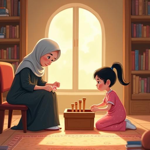 Warm cartoon-style illustration for a children's Islamic storybook. Cozy room filled with bookshelves and wooden boxes. Faceless woman embroidering calmly. Young girl excited beside a box with wooden pillars. Light and peaceful atmosphere with traditional tones. Room has subtle Islamic decor. Empty space for title at top.