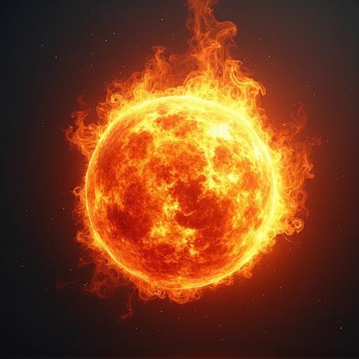 Illustrate a fireball resembling the sun. Show bright colors with flames emanating from the surface. Focus on a glowing orb with fiery effects around it. Use a dark background to enhance the brightness.