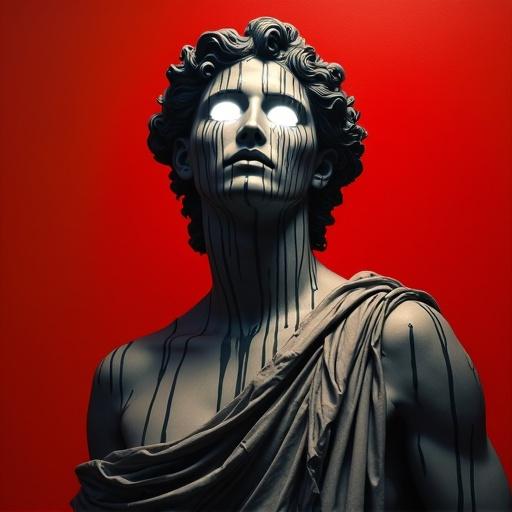 A painting depicting a classical figure statue resembling Italian Renaissance Art. The figure has wavy hair and draped garment. Black paint drips down the face and neck. Set against a vibrant red background. Brightly glowing eyes create an eerie and dramatic effect. The statue appears to be made of marble.