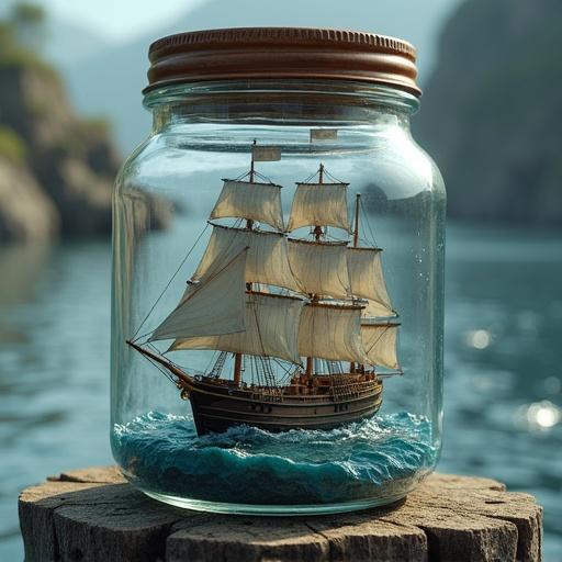 Ship at sea contained inside a glass jar. Hyper-detailed and super realistic depiction with intricate features on the ship and waves.