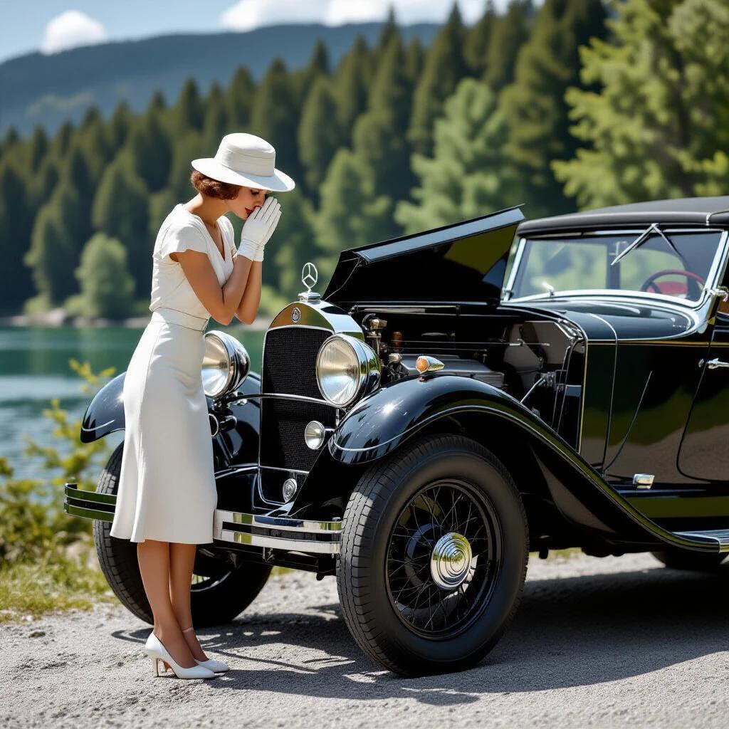 Photorealistic scene depicts a vintage Mercedes-Benz 18/100 PS Sportwagen with an Art Deco socialite beside it. She wears a white dress and cloche hat. She leans over the left fender looking at a boiling coolant system. Hood sections are completely opened showing the engine. Geysers of steam erupt from the radiator cap and hose connections. The car is parked on gravel beside greenery and mountains in the background during golden hour.