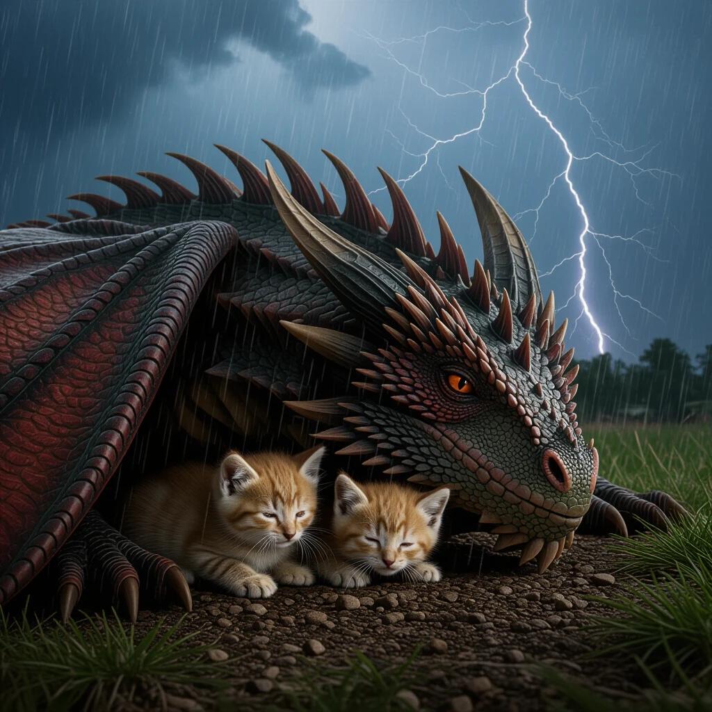 Kittens hide under dragon's wing during rainstorm. Scene features dark colors and heavy rainfall with lightning in high definition.