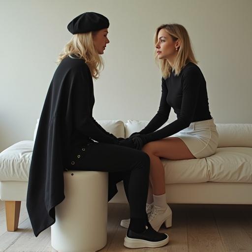 A stylish scene of two blonde women in contrasting outfits interacting on a sofa. One woman is in black attire, looking intently at the other in white. Neutral background emphasizes their styles.