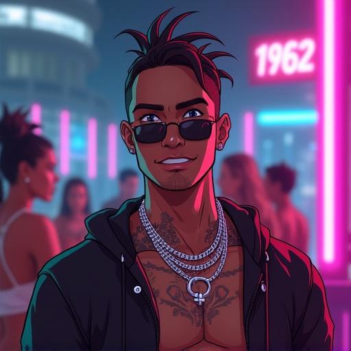 Anime character named Jason Lopez at a futuristic nightclub. Character is 30 years old with a muscular build and tattoos. He wears hip hop streetwear and sunglasses. Background features neon lights and beautiful women. The scene captures a vibrant night atmosphere in Miami.