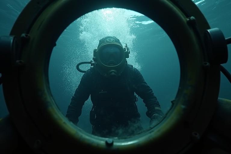 First-person view through fogged steampunk diving helmet visor. Staring at surface light filtering through dark ocean water. Bubbles rising slowly. Ultra realistic and cinematic lighting. Murky shadows create suspenseful atmosphere. No diver is visible.