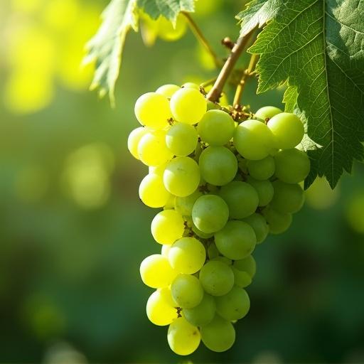 Magical green grapes hang on a lush green plant. Sunlight creates a gentle green glow around them.