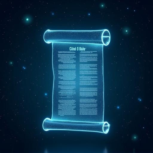 A dark blue starry background is present. A semi-transparent digital scroll is in the center. The scroll unrolls and shows glowing etched lines. There are subtle green and blue light effects around the scroll.