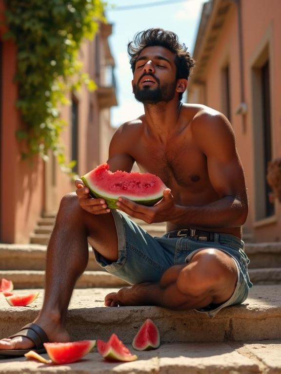 A young South Asian man sits shirtless on concrete steps. He takes a bite of watermelon. Juice drips down his chin. He wears denim shorts and leather sandals. Empty watermelon rinds are scattered around. The background shows a sun-baked alley with terracotta walls. Bougainvillea climbs the wall. The image features dramatic backlighting and a creamy bokeh background. Shot with professional color grading.