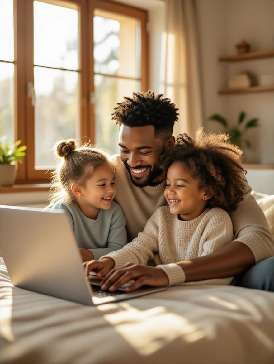 Loving parent playing with children. Laptop nearby shows work flexibility. Natural home lighting. Photorealistic family moment. Warm colors. Authentic joy. Professional lifestyle photography.