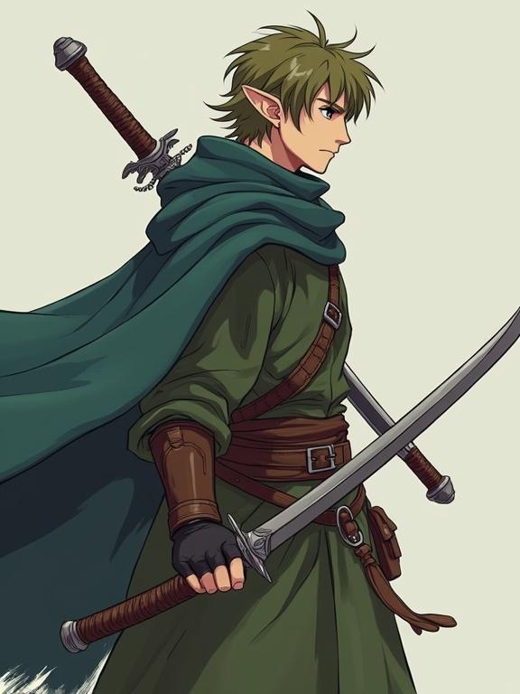 A semi-elf man wearing a comfortable cloak holding two short swords. Styled in 2.5D anime art.