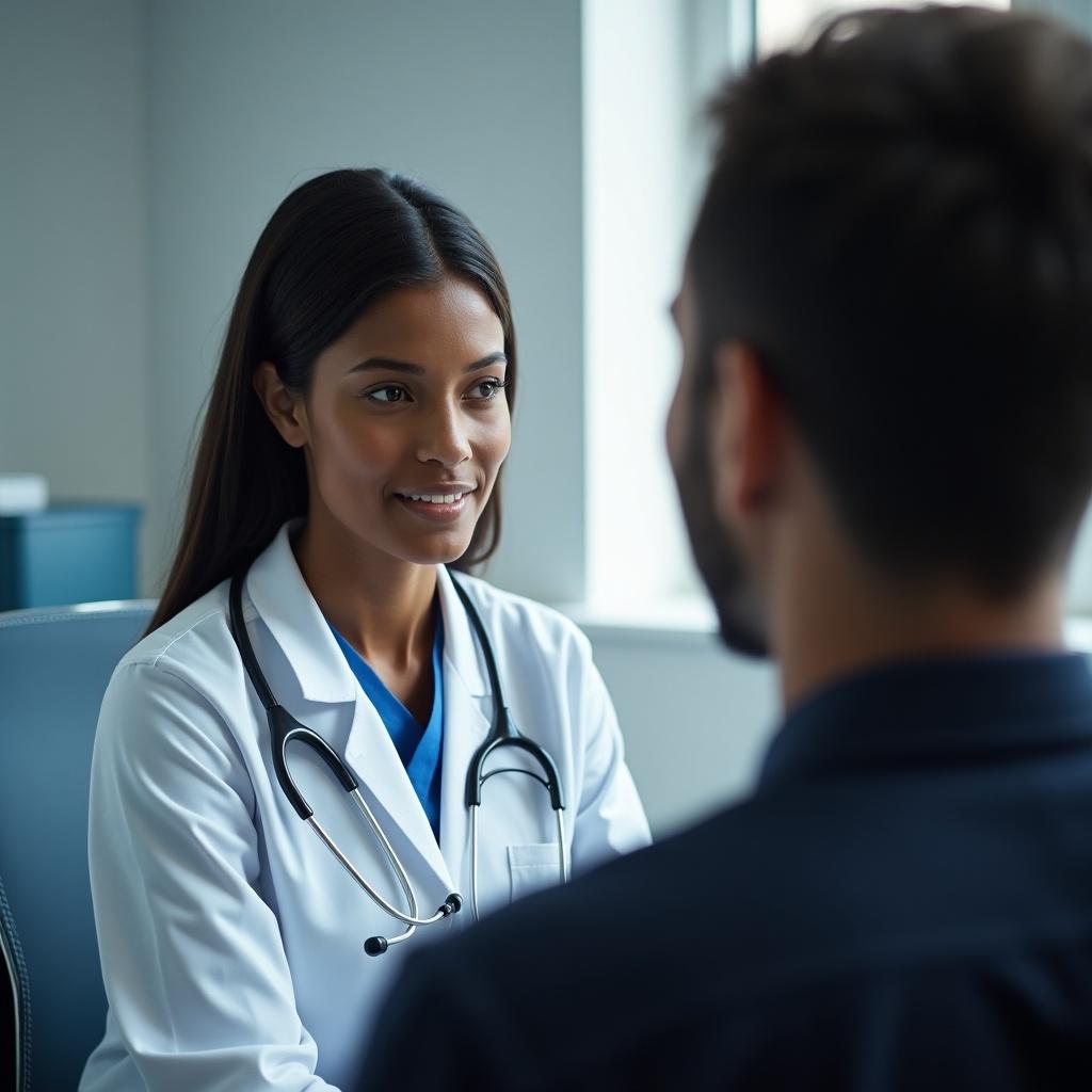 The image portrays a black female doctor in a white coat with a stethoscope seated in an exam room. She is attentively listening to a male patient who is partially visible, representing a discussion about health. The setting emphasizes professionalism and care in healthcare. Soft natural light illuminates the room, creating a calm atmosphere. This image encapsulates the essence of a doctor-patient interaction within a clinical environment. It's designed to reflect trust and communication between healthcare providers and patients.