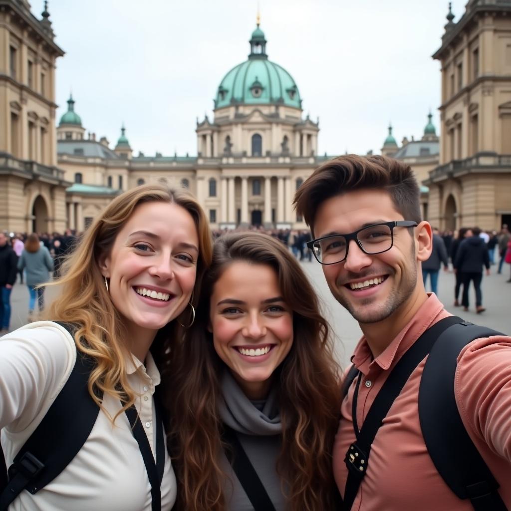 Three friends are taking a selfie in front of a stunning historic building. They are all smiling brightly, showcasing their joy and excitement. The background features impressive architecture, indicating a popular travel destination. The scene is lively with other visitors in the background. The lighting is soft, adding a warm ambiance to the photo, making it inviting for viewers.