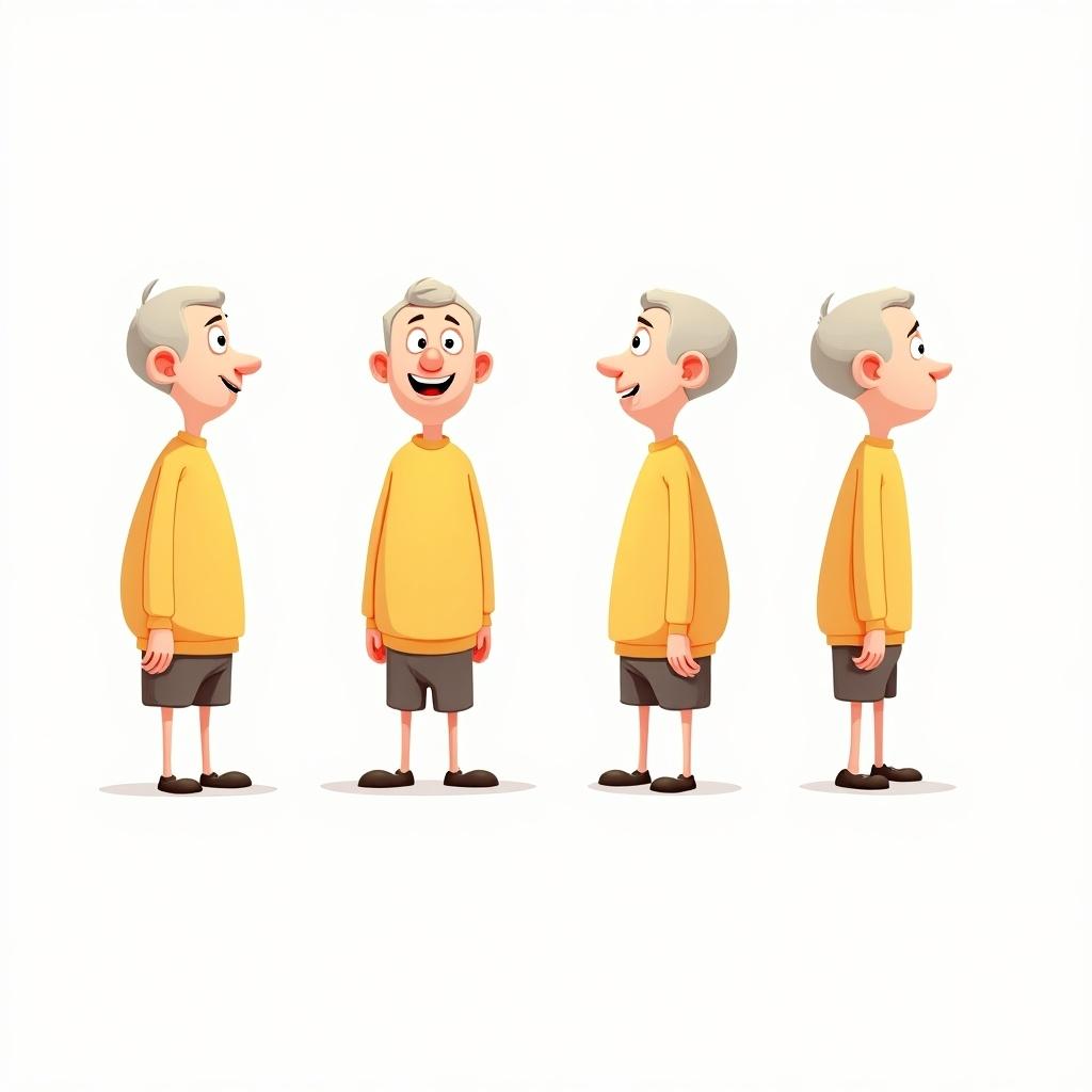 Cartoon character designed in a minimalist style. Character has a cheerful personality with a rounded face and short hair. Outfit is simple and bright. Displayed in four perspectives: front, side, back, and 3/4 view. Background is plain white suitable for animation.