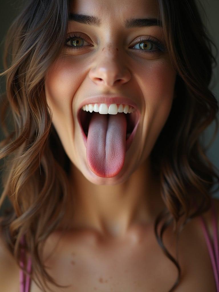 Woman is featured with an open mouth and visible tongue. Hair styled in wavy layers. Strong focus on neck and shoulders. Warm lighting accentuates the image.