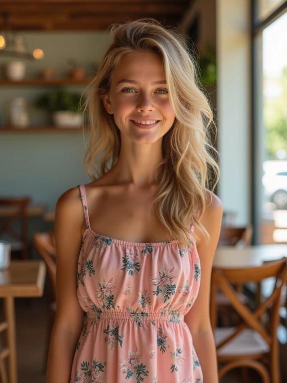 Teen girl wears a floral sundress. Scene set in a coffee shop. Natural light illuminates the space. Model stands amidst wooden furniture and greenery.