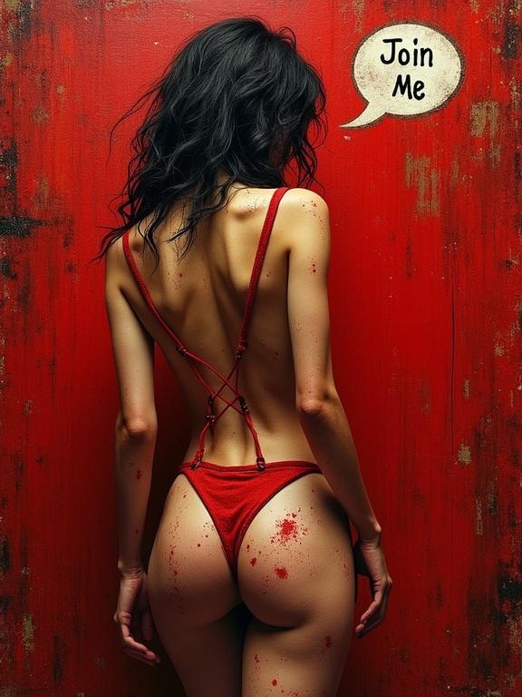 Model seen from behind in a red textured environment wearing a v-shaped shoestring bodysuit. Speech bubble displaying 'Join Me.' Dramatic lighting highlighting the form.