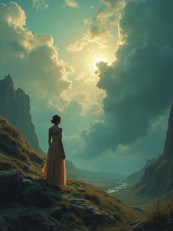 Woman in a flowing dress stands on a rocky outcrop overlooking a vast landscape under a surreal sky. Dramatic clouds and warm light create an otherworldly atmosphere. Mountains and a river in the background suggest a serene yet tumultuous natural setting.