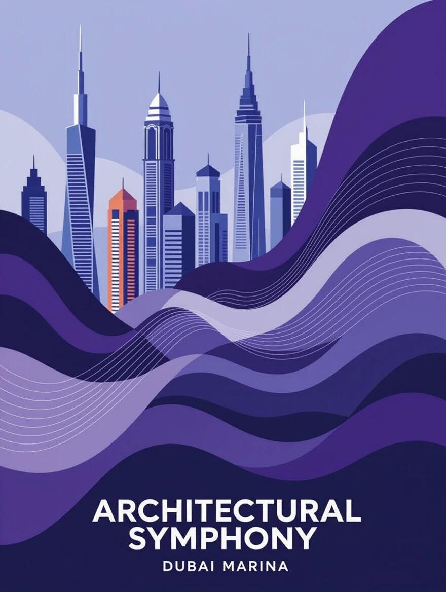A poster titled 'Architectural Symphony.' It visualizes Dubai Marina's sounds and vibrations with curved and organic lines. Straight lines represent buildings. Artists blend shades of purple, blue, and grey. The style is contemporary abstract art. Movement and rhythm are evoked through the composition.