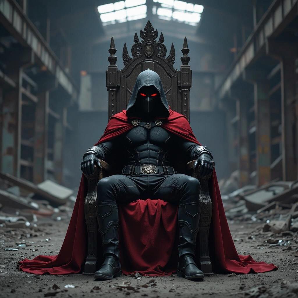 Masked figure sits on an impressive throne in a crumbling tech warehouse. The scene features dark colors, with the absence of a cape. Trendy tight clothing emphasizes the character's physique. A moody, atmospheric setting surrounds the figure.