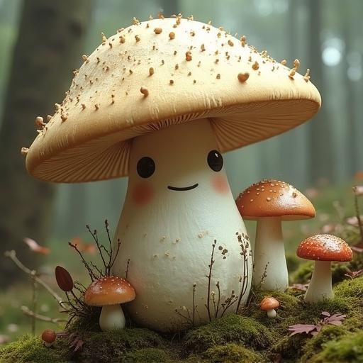 A cheerful mushroom named Pad with a large hat. He lives in a forest next to other mushrooms. The scene conveys a whimsical and magical atmosphere.