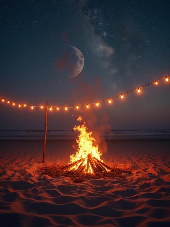 Photographic tranquil beach scene with big glowing campfire. String lights illuminate area. Cosmic sky visible above. Smooth sand reflects flickering light. Surreal elements enhance depth.
