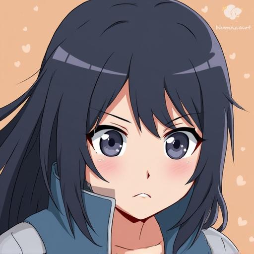 Japanese anime character with long dark hair. Expressive eyes with a serious look. Simple background with hearts. Character design inspired by popular anime.